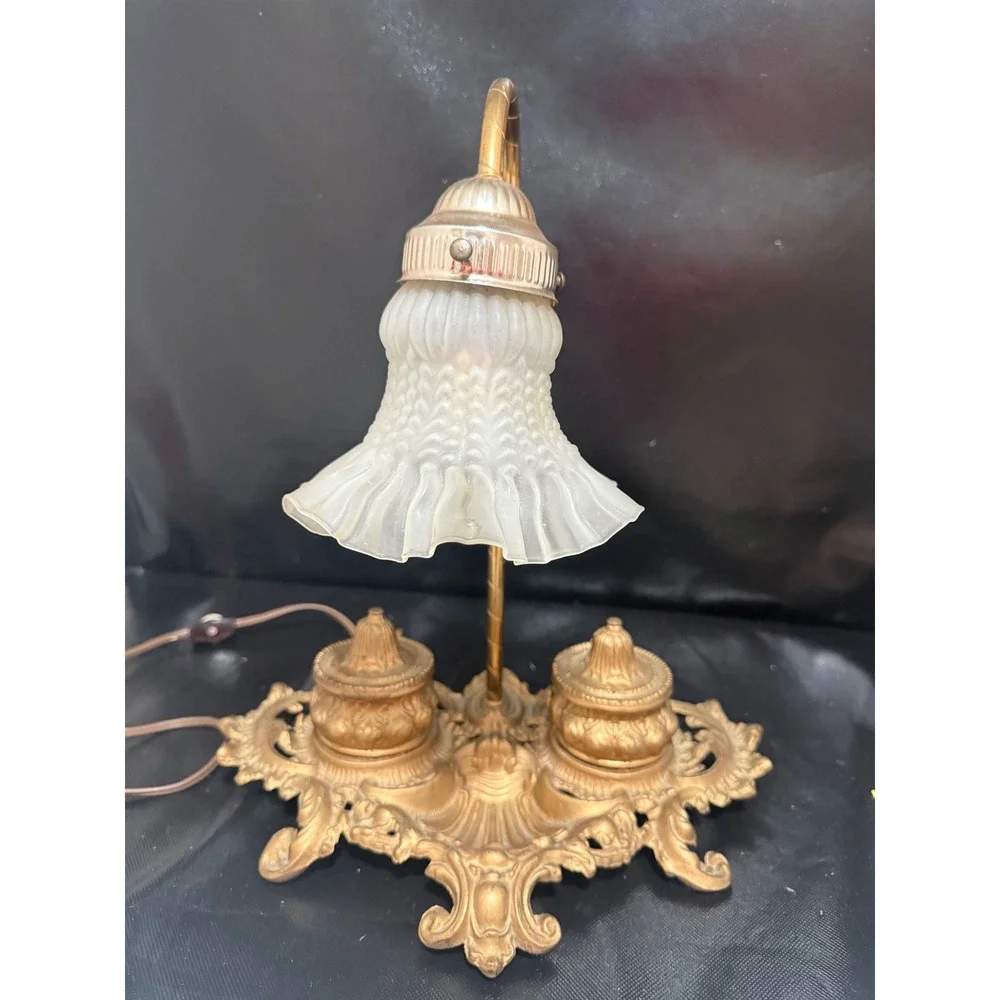 Vintage Brite Metal Ornate Brass Desk Lamp with Dual Inkwell Frosted Glass Tulip